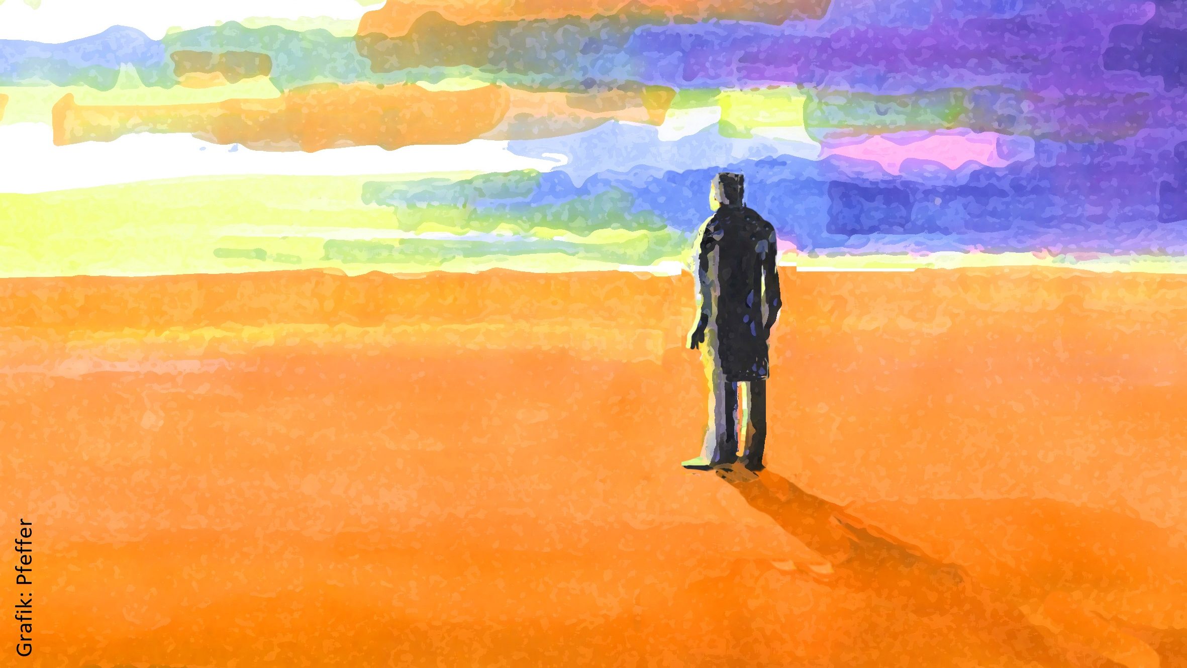 Abstraktes Gemälde von einem Mann, der in die Ferne blickt.